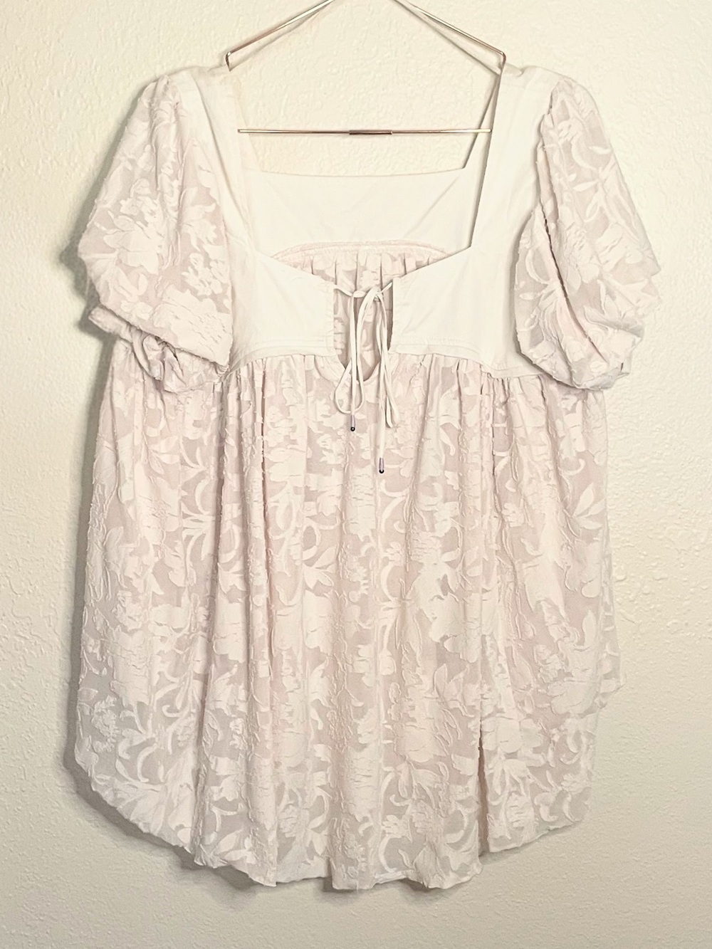 Free People Sunrise to Sunset Blouse L Champagne Puff Sleeve Babydoll Top - Picture 8 of 11